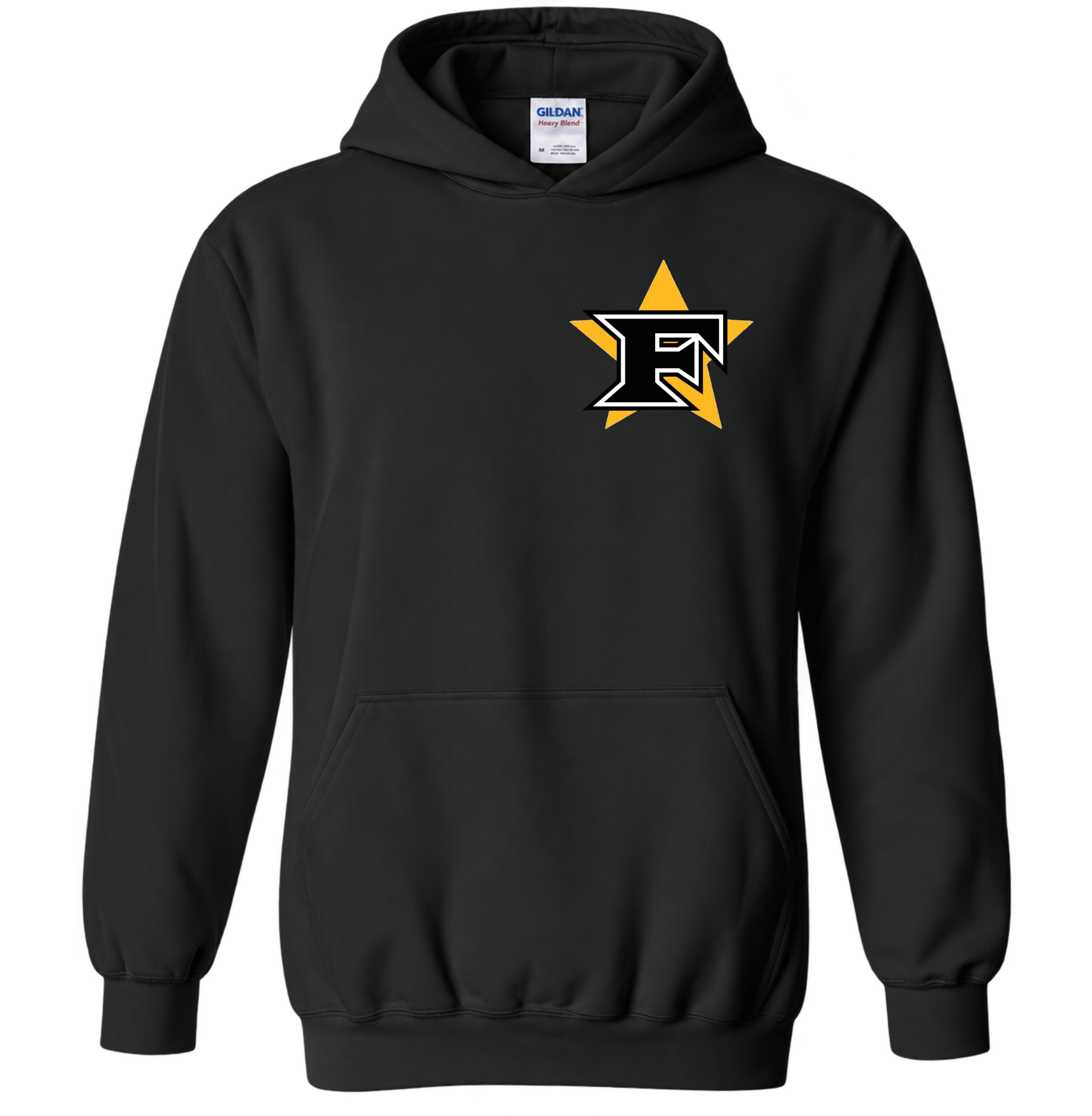 Black pullover hoodie with star and F logo on left chest