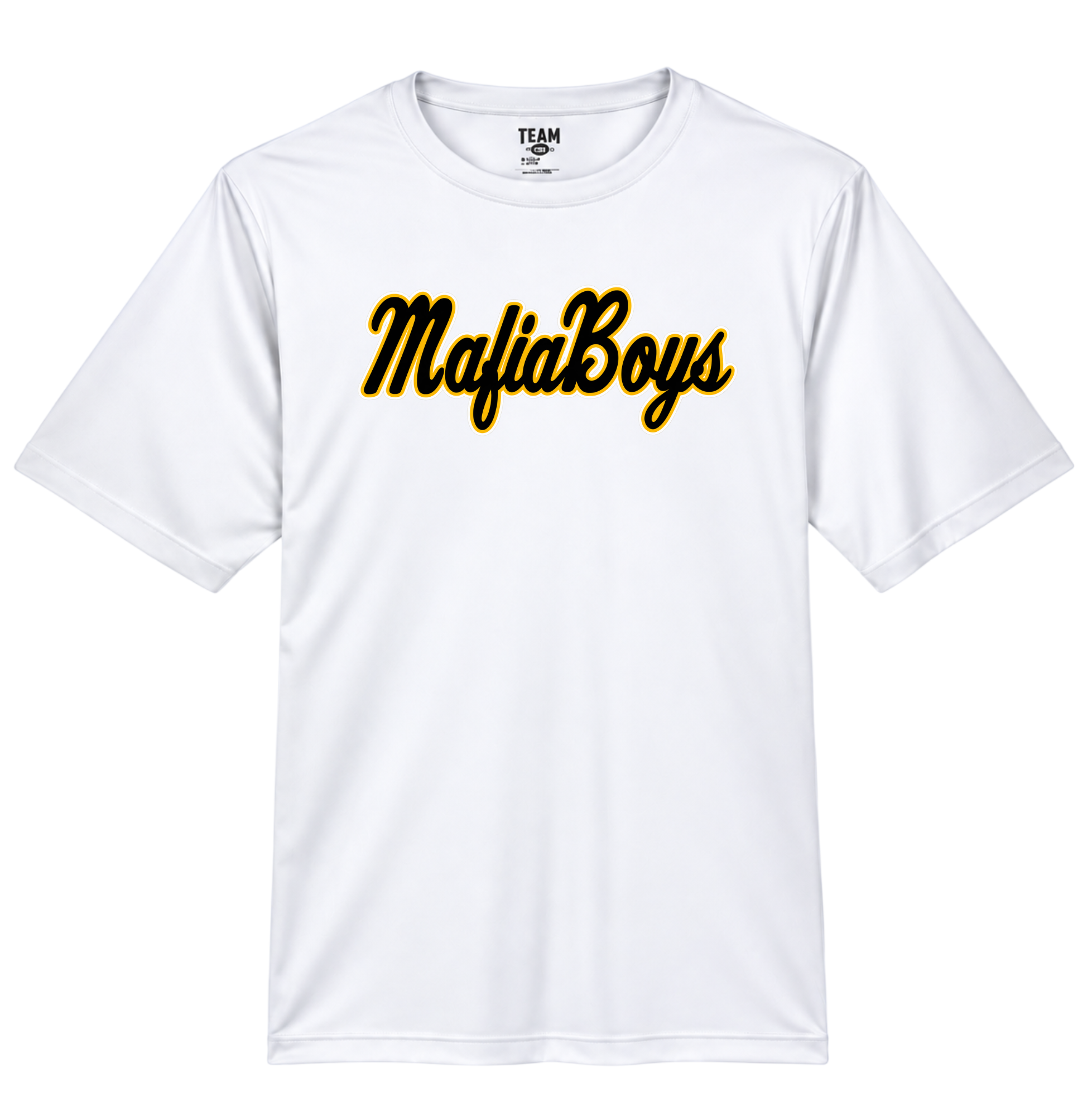 MafiaBoys Performance Tee in White with black and gold script logo